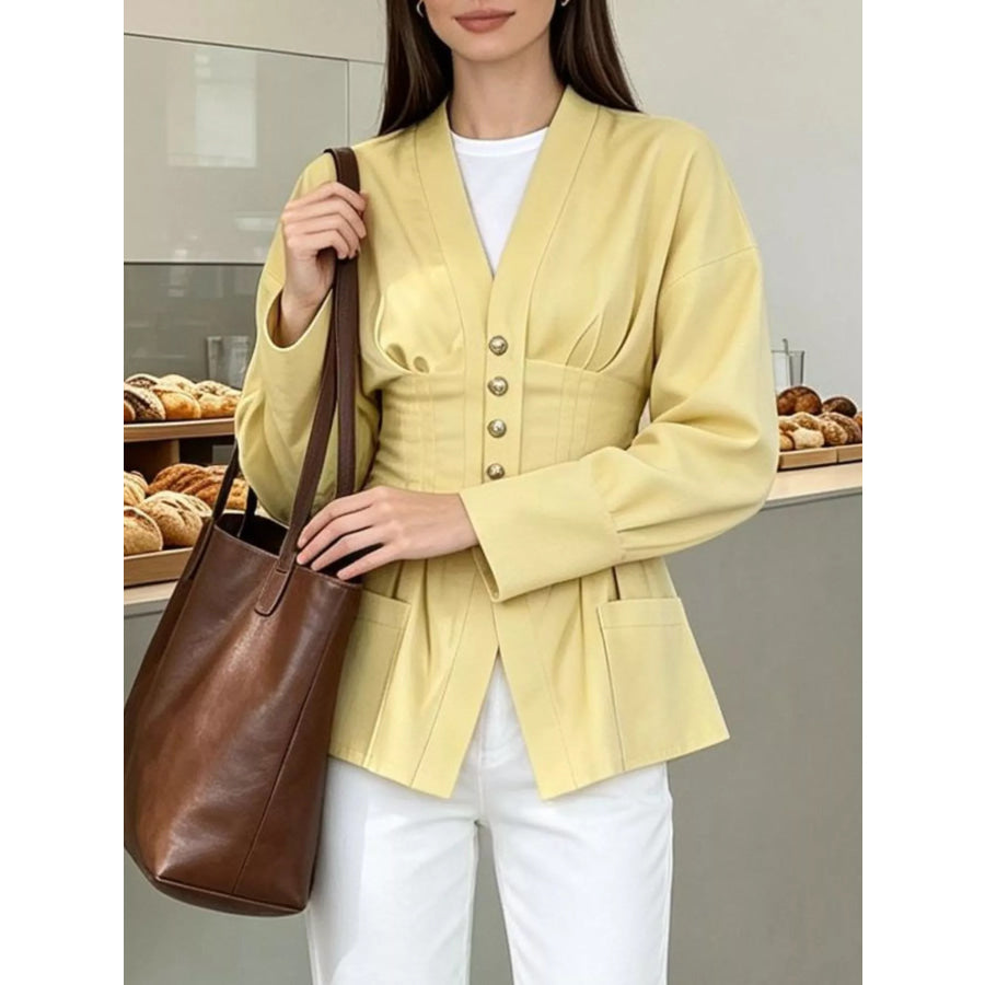 Pleated Waist Blouse with Button Detail Apparel and Accessories
