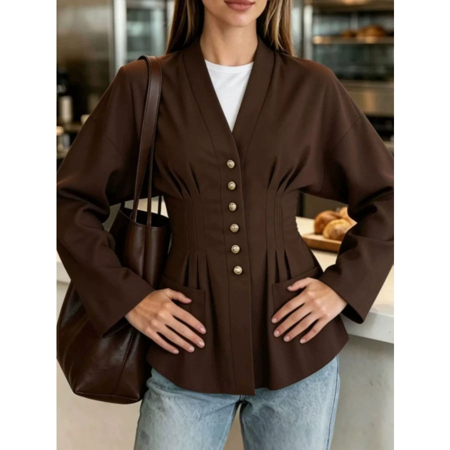 Pleated Waist Blouse with Button Detail Apparel and Accessories