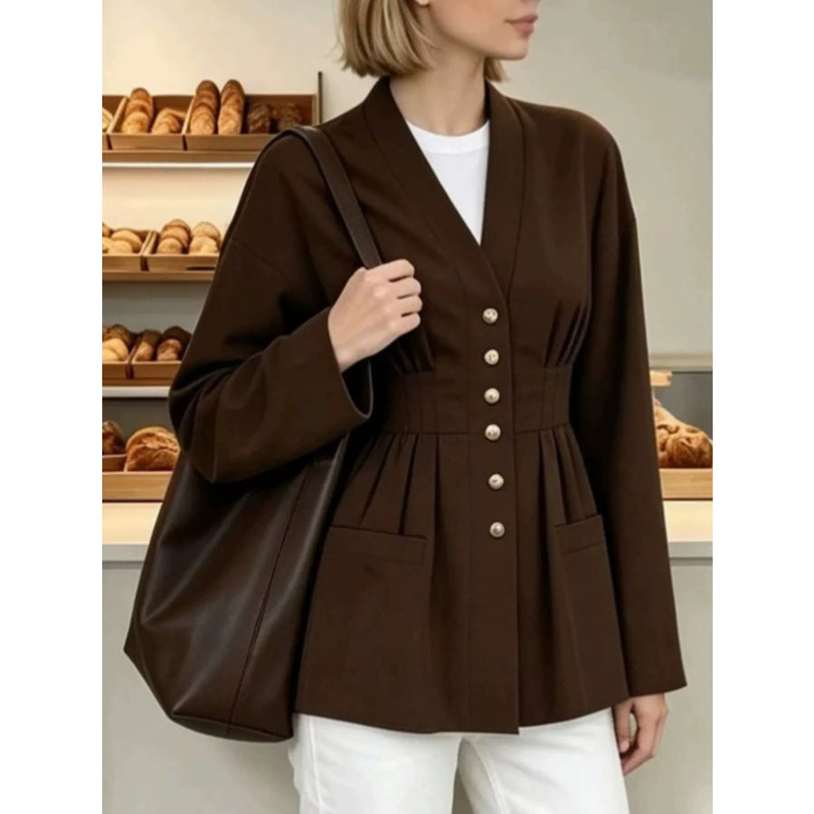 Pleated Waist Blouse with Button Detail Apparel and Accessories