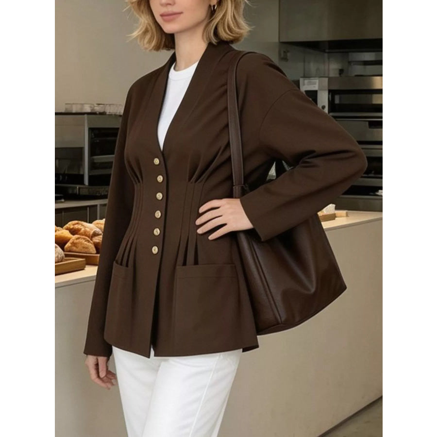Pleated Waist Blouse with Button Detail Brown / S Apparel and Accessories