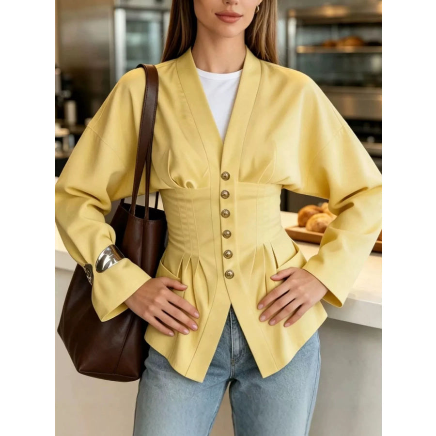 Pleated Waist Blouse with Button Detail Yellow / S Apparel and Accessories
