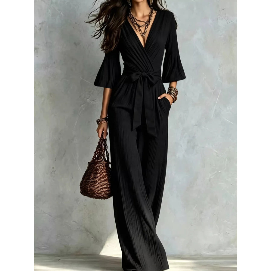 Pleated Wide-Leg Jumpsuit with Tie-Waist Black / S Apparel and Accessories