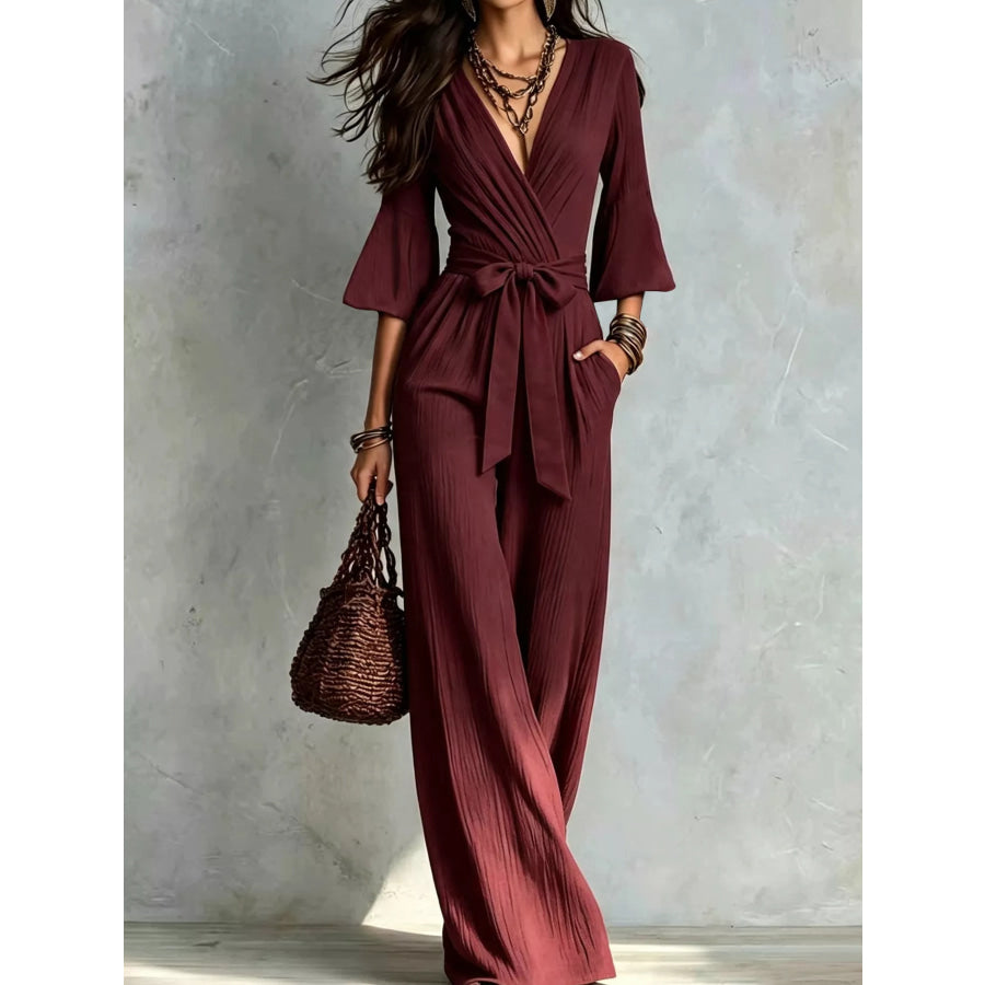 Pleated Wide-Leg Jumpsuit with Tie-Waist Burgundy / S Apparel and Accessories