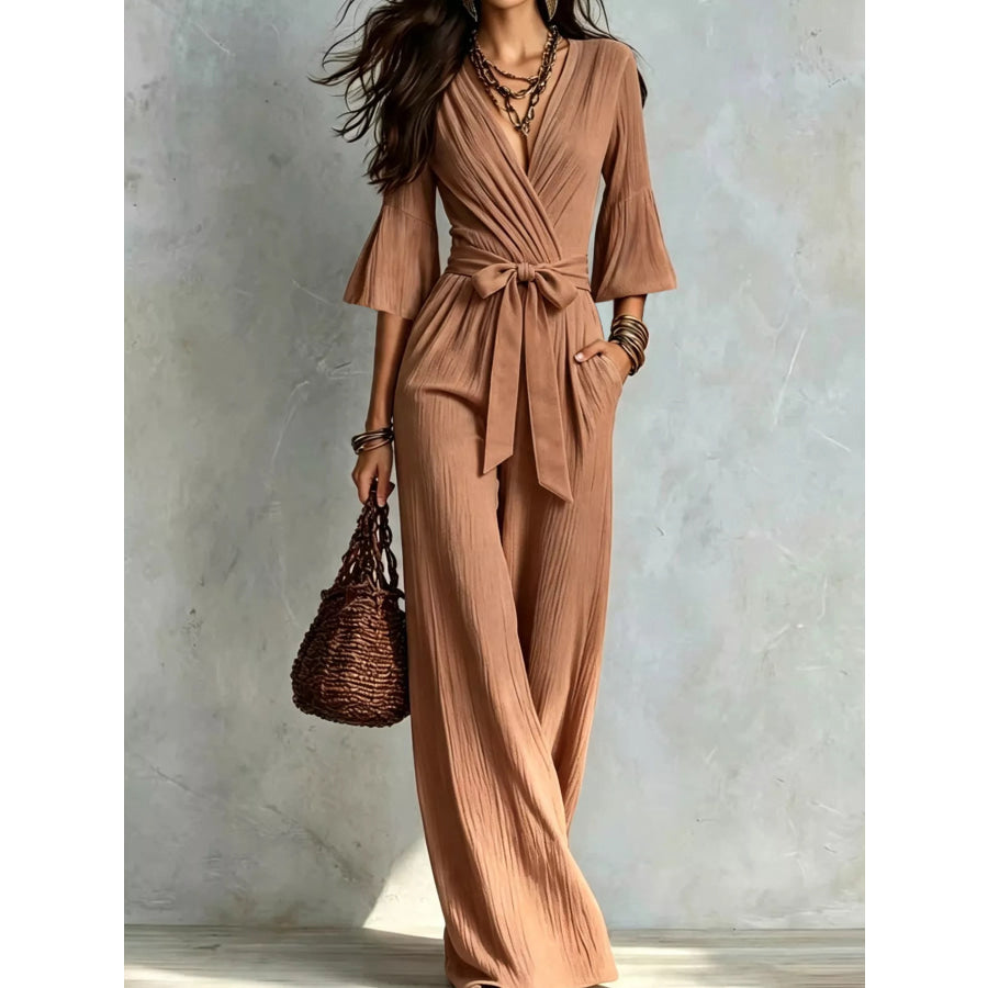 Pleated Wide-Leg Jumpsuit with Tie-Waist Light Brown / S Apparel and Accessories