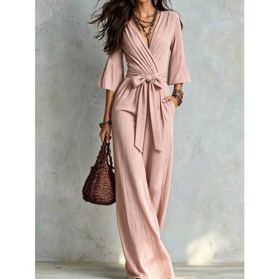 Pleated Wide-Leg Jumpsuit with Tie-Waist Pink / S Apparel and Accessories
