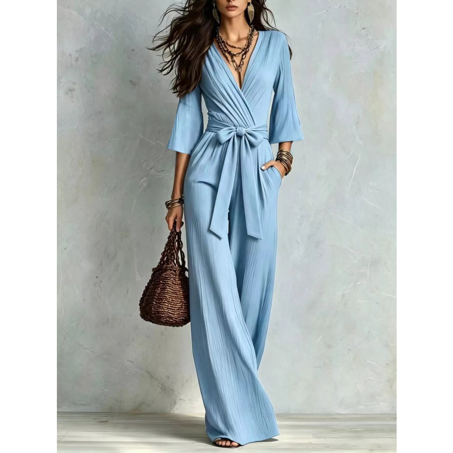 Pleated Wide-Leg Jumpsuit with Tie-Waist Sky Blue / S Apparel and Accessories