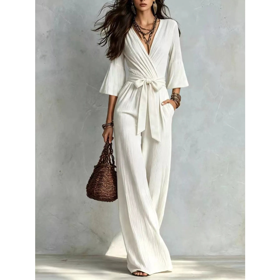 Pleated Wide-Leg Jumpsuit with Tie-Waist White / S Apparel and Accessories