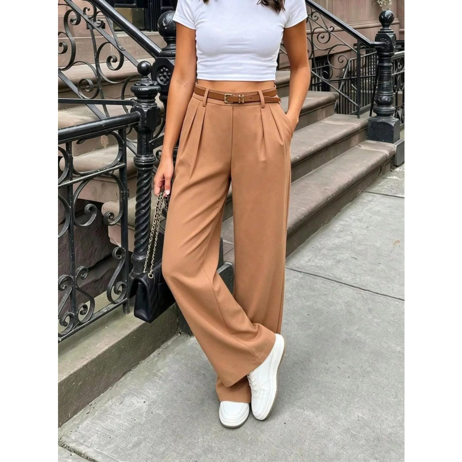 Pleated Wide Leg Pants Ochre / XS Apparel and Accessories