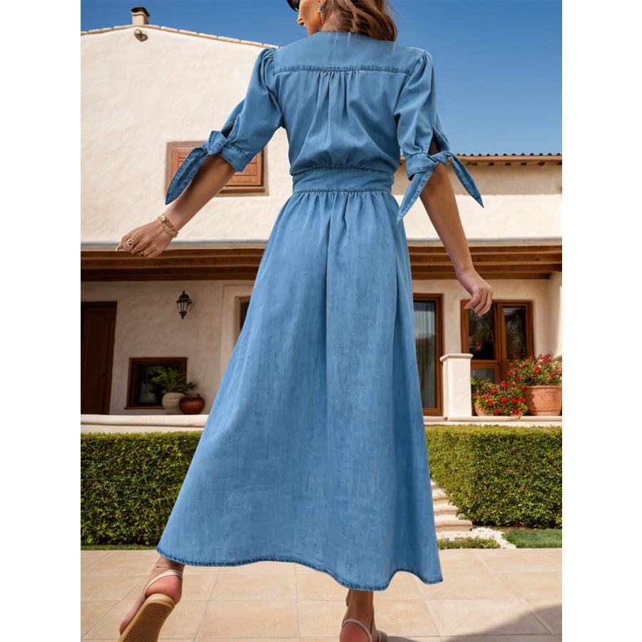 Plunge Button Up Half Sleeve Denim Dress Apparel and Accessories