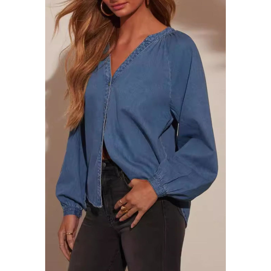 Plunge Button Up Long Sleeve Denim Top Apparel and Accessories