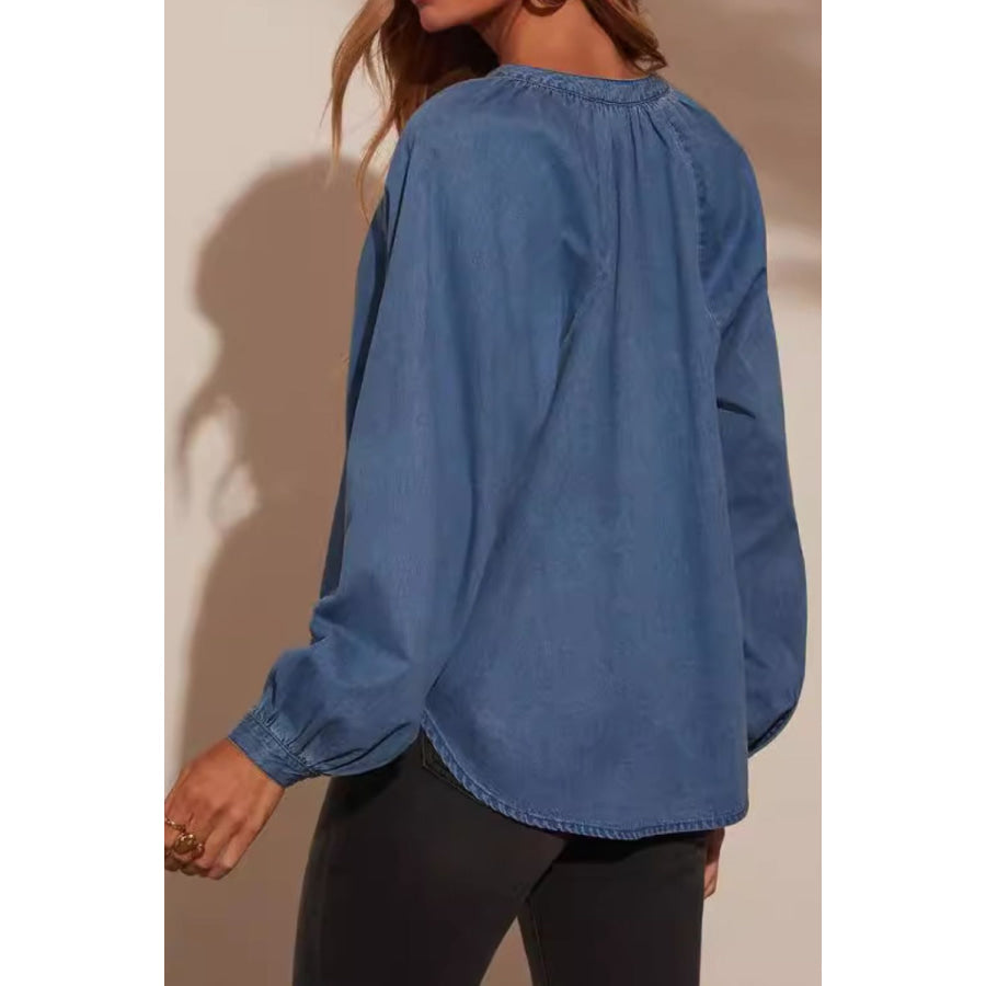 Plunge Button Up Long Sleeve Denim Top Apparel and Accessories