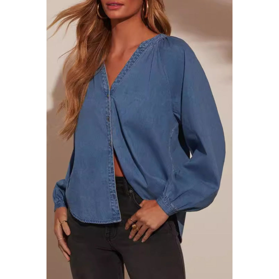 Plunge Button Up Long Sleeve Denim Top Apparel and Accessories