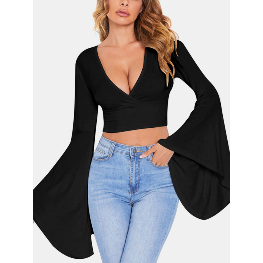 Plunge Flare Sleeve Cropped Top Black / S Apparel and Accessories
