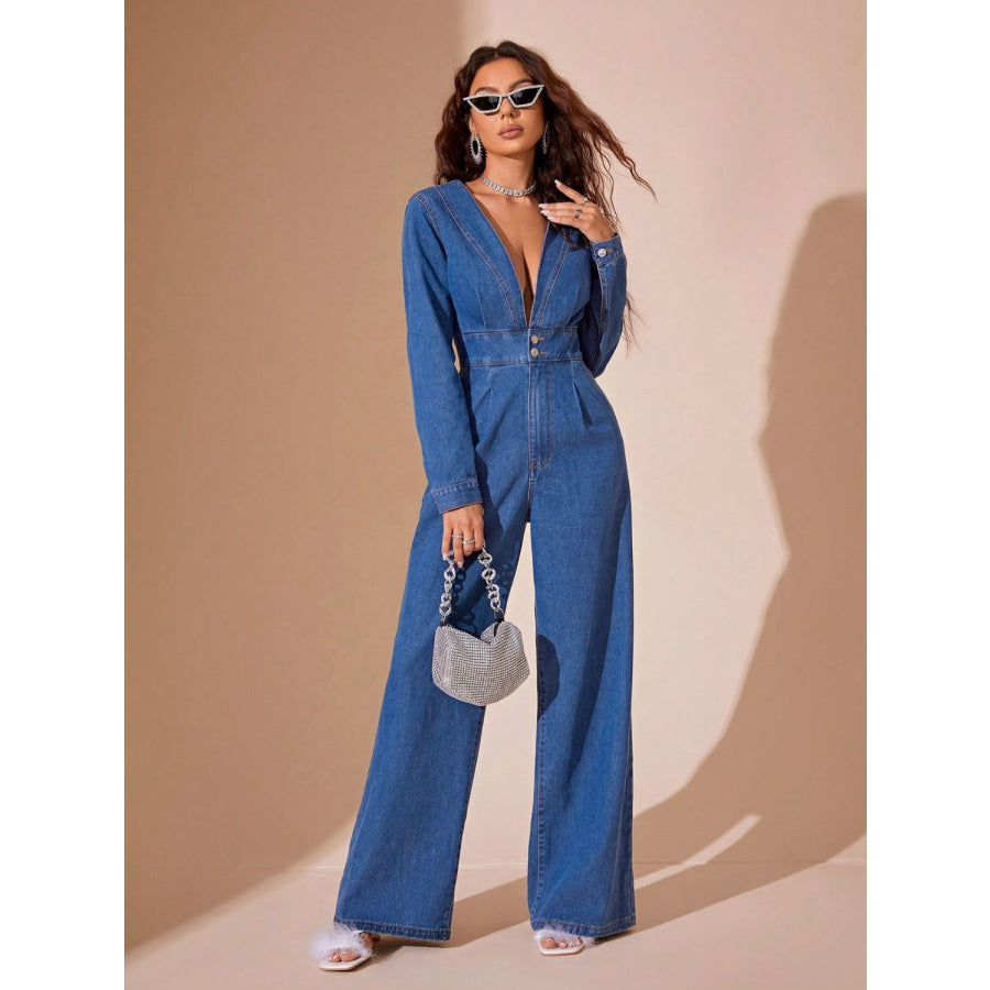 Plunge Long Sleeve Wide Leg Denim Jumpsuit Apparel and Accessories