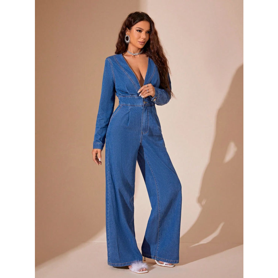 Plunge Long Sleeve Wide Leg Denim Jumpsuit Apparel and Accessories