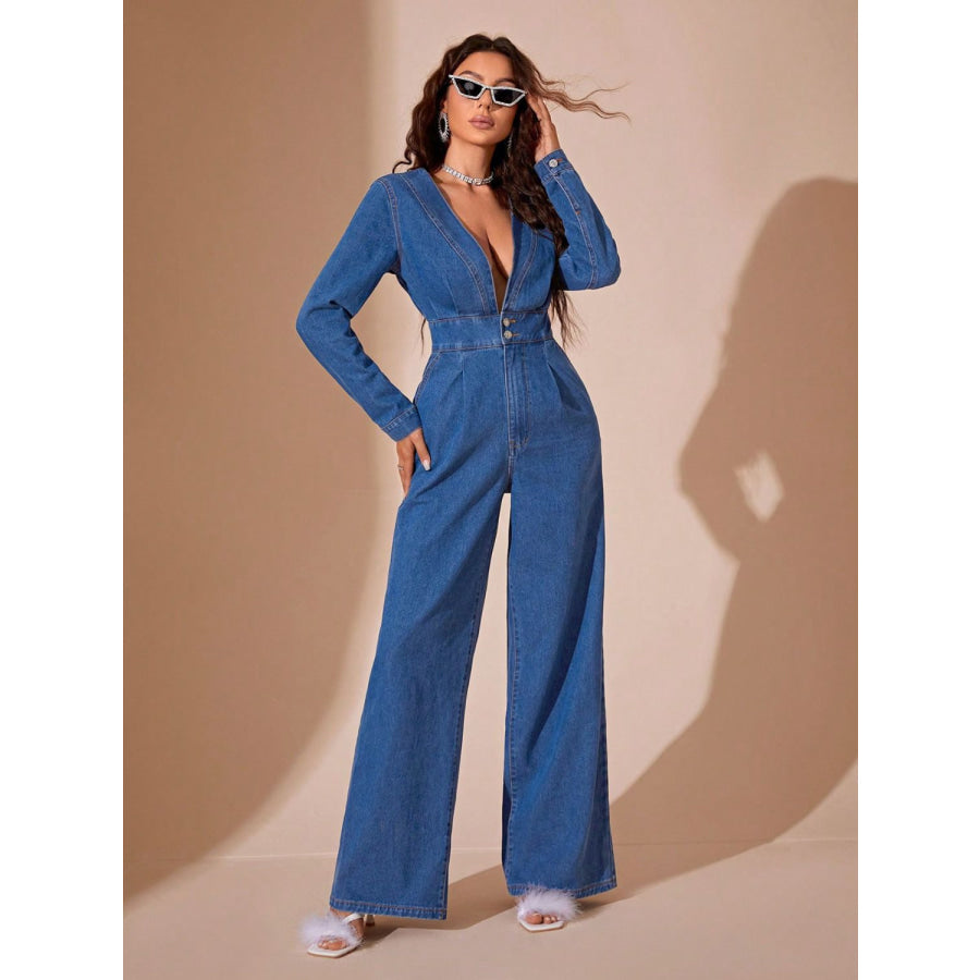 Plunge Long Sleeve Wide Leg Denim Jumpsuit Apparel and Accessories