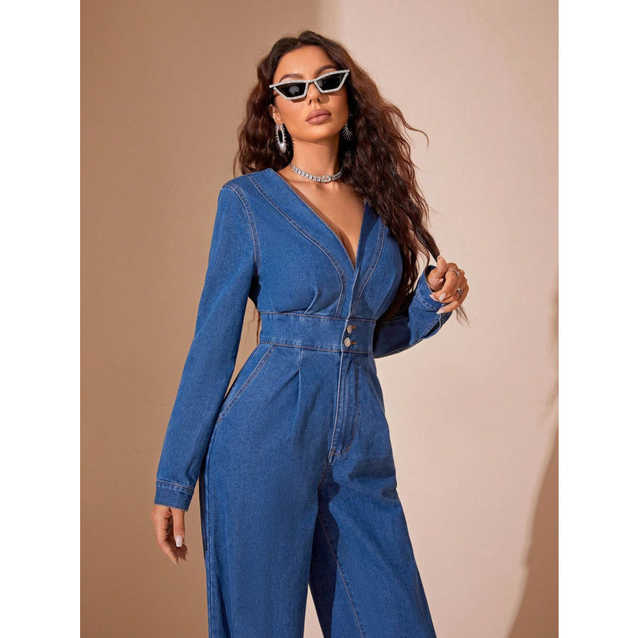 Plunge Long Sleeve Wide Leg Denim Jumpsuit Apparel and Accessories