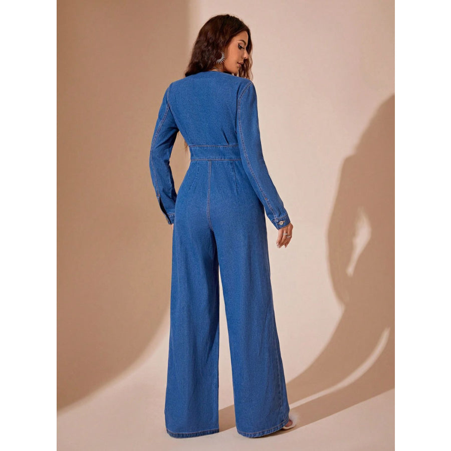 Plunge Long Sleeve Wide Leg Denim Jumpsuit Apparel and Accessories