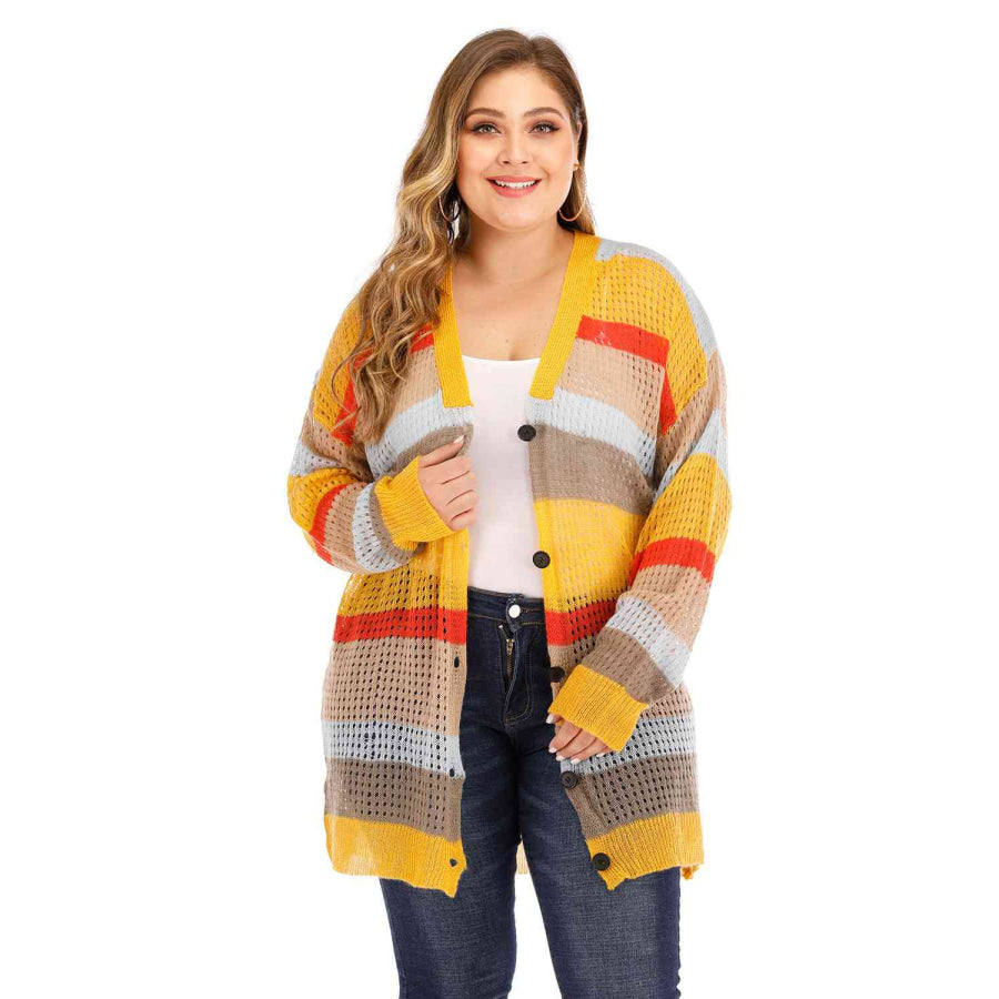 Plus Openwork Color Block Button Up Cardigan