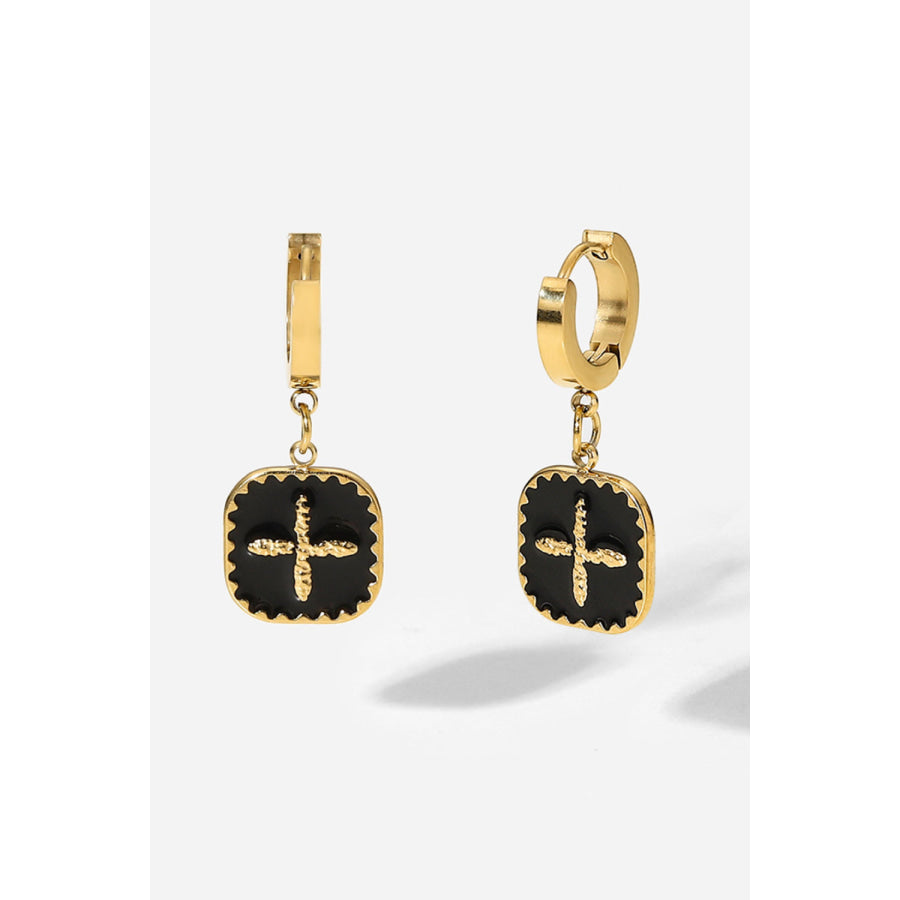 Plus Sign Square Shape Drop Earrings Black/Gold / One Size Apparel and Accessories