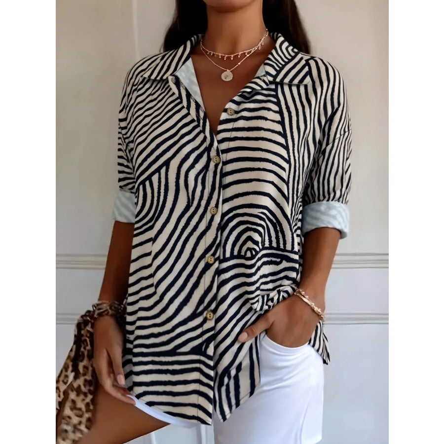 Plus Size Abstract Zebra Print Button-Down Shirt Khaki / 1XL Apparel and Accessories