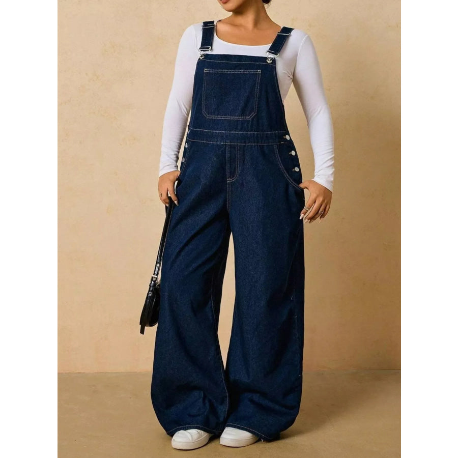 Plus Size Adjustable Strap Wide-Leg Denim Overalls Apparel and Accessories