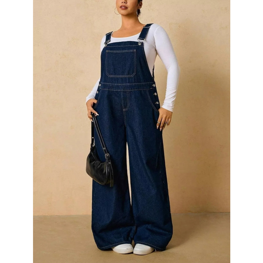 Plus Size Adjustable Strap Wide-Leg Denim Overalls Apparel and Accessories