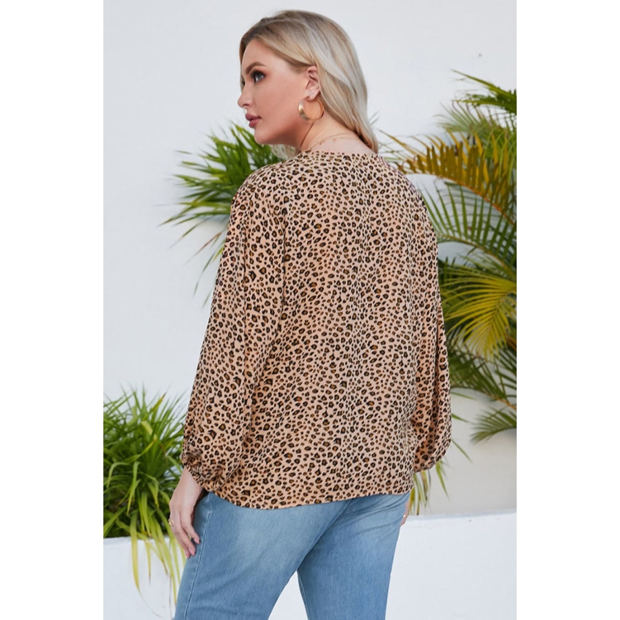 Plus Size Animal Print Balloon Sleeve V-Neck Blouse