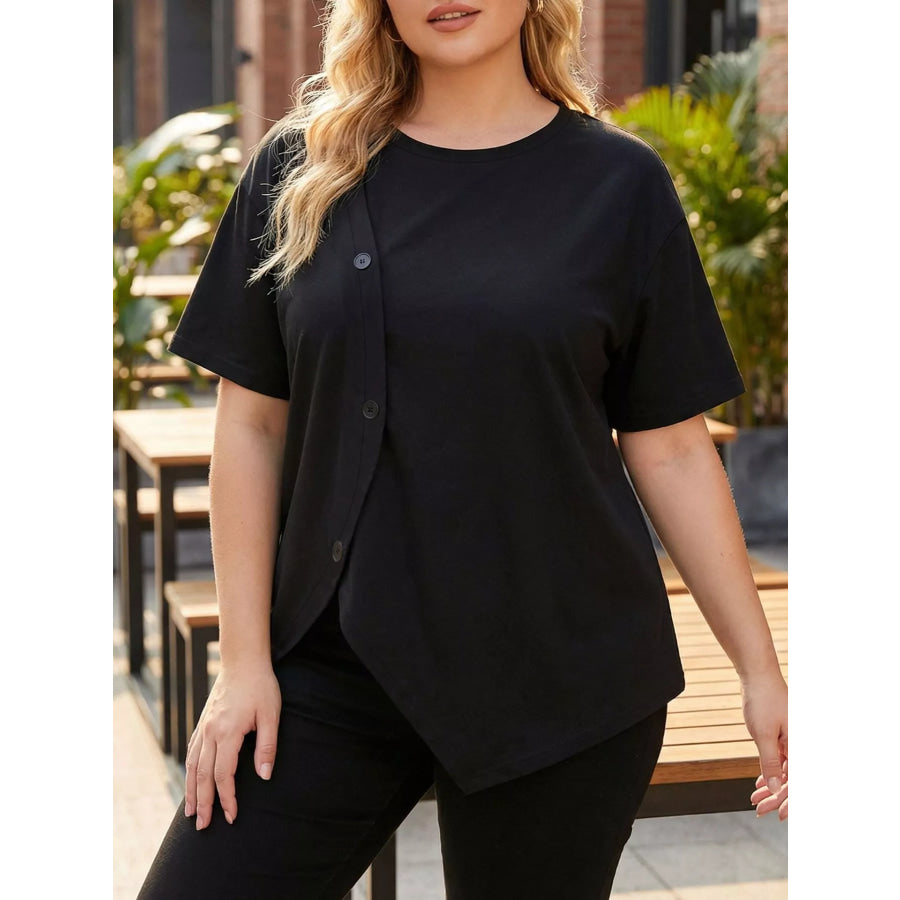 Plus Size Asymmetrical Button Decor Short Sleeve T-Shirt Apparel and Accessories