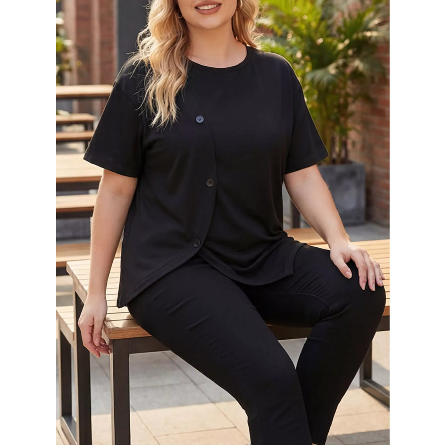 Plus Size Asymmetrical Button Decor Short Sleeve T-Shirt Apparel and Accessories