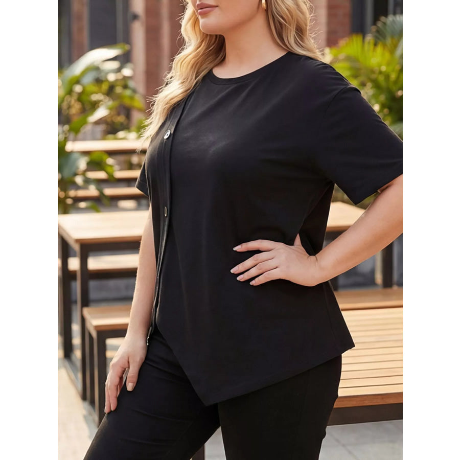 Plus Size Asymmetrical Button Decor Short Sleeve T-Shirt Apparel and Accessories