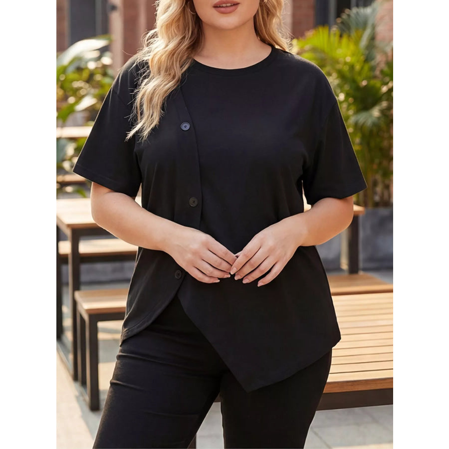 Plus Size Asymmetrical Button Decor Short Sleeve T-Shirt Black / 0XL Apparel and Accessories