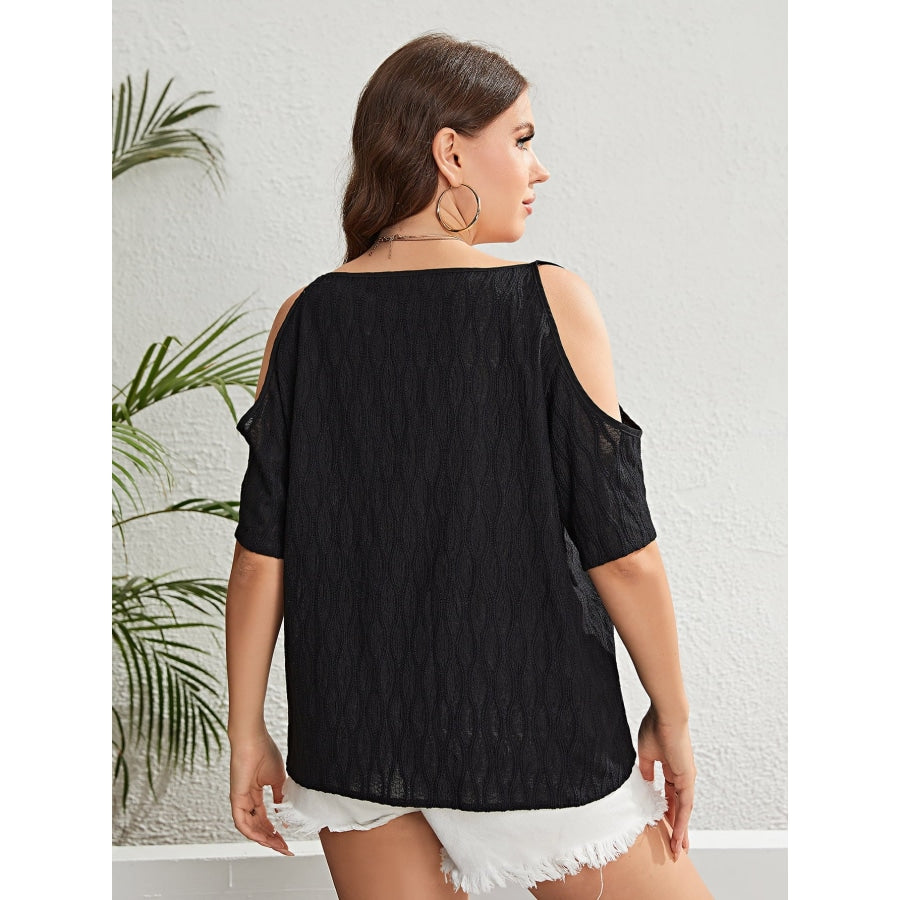 Plus Size Boat Neck Cold-Shoulder Blouse Black / 1XL