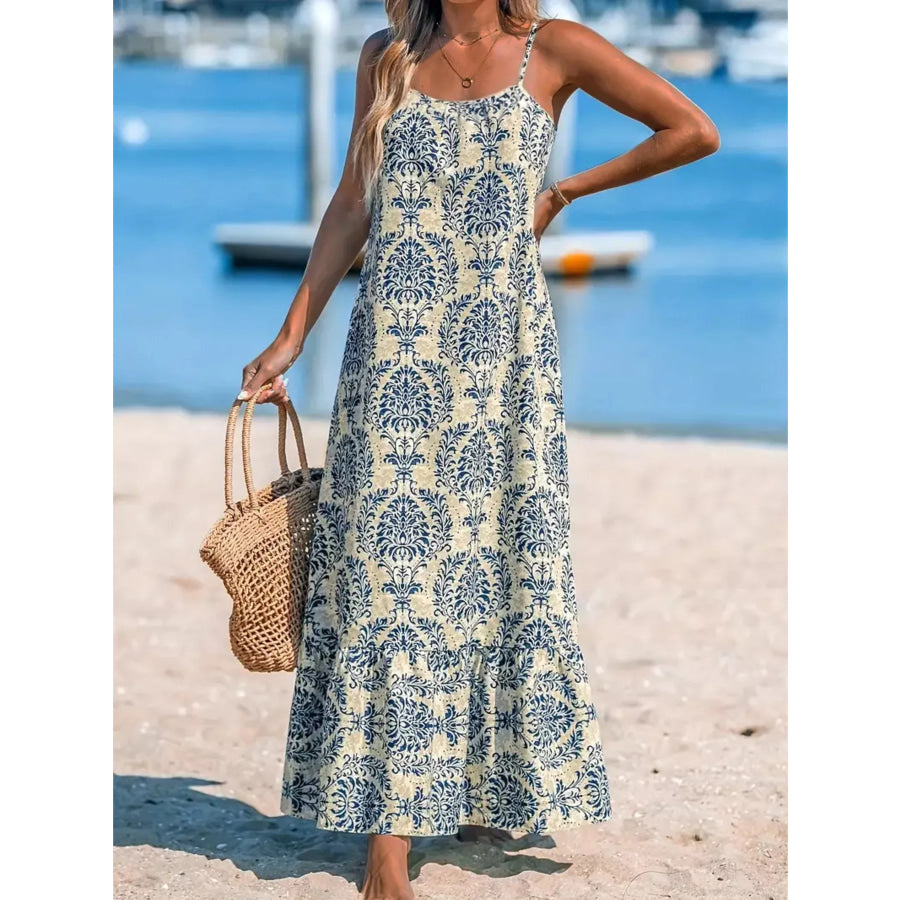Plus Size Bohemian Spaghetti Strap Damask Print Maxi Beach Dress Sky Blue / 1XL Apparel and Accessories