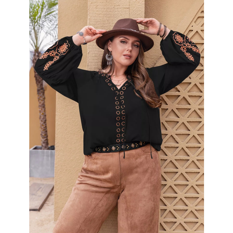 Plus Size Boho Embroidered Long Sleeve Blouse Apparel and Accessories