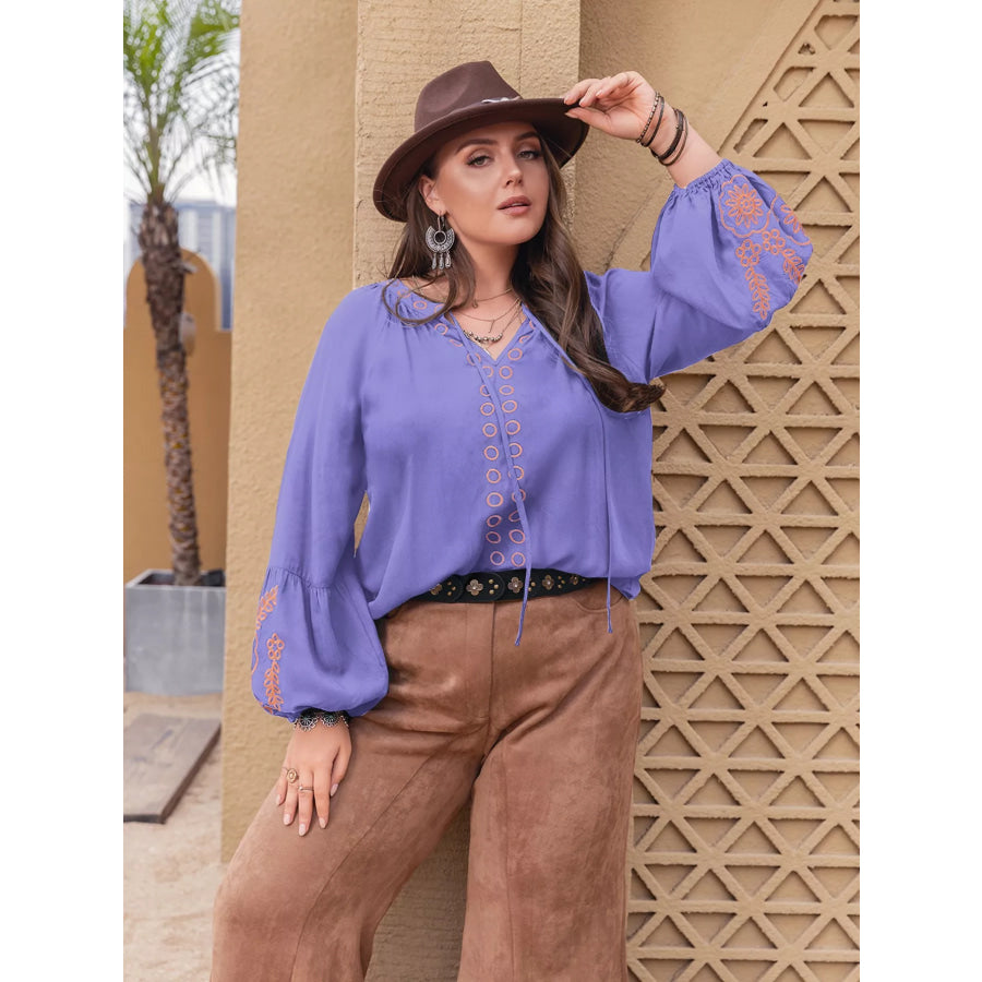 Plus Size Boho Embroidered Long Sleeve Blouse Blue Purple / 0XL Apparel and Accessories