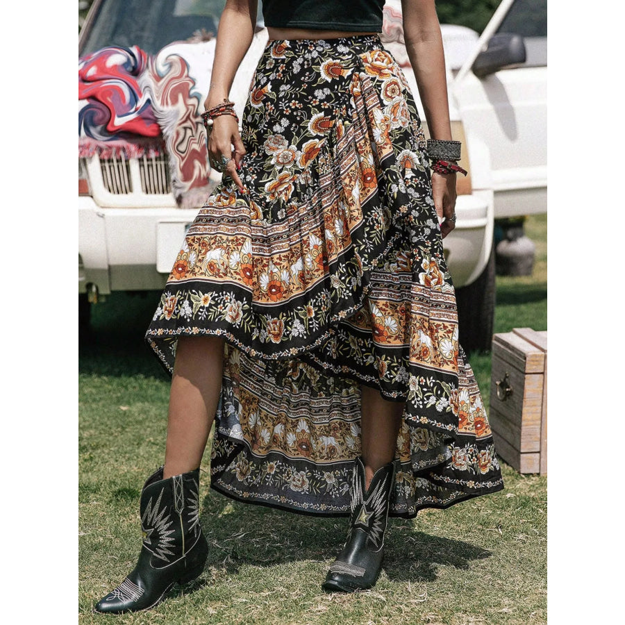 Plus Size Boho Floral Print High-Low Skirt Apparel and Accessories