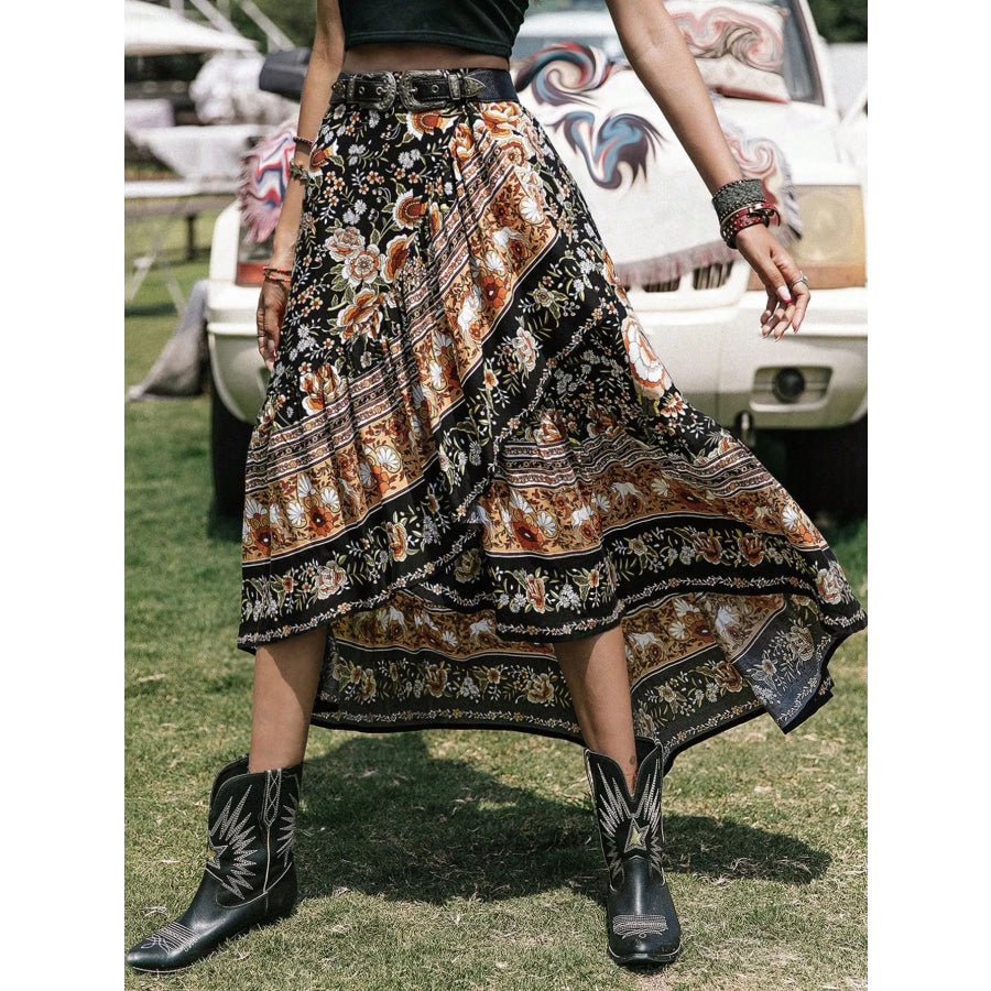 Plus Size Boho Floral Print High-Low Skirt Black / 0XL Apparel and Accessories