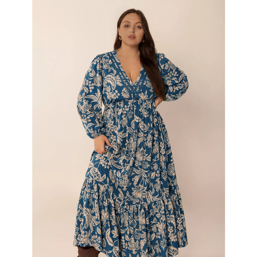 Plus Size Boho Floral Print Long Sleeve Maxi Dress Apparel and Accessories