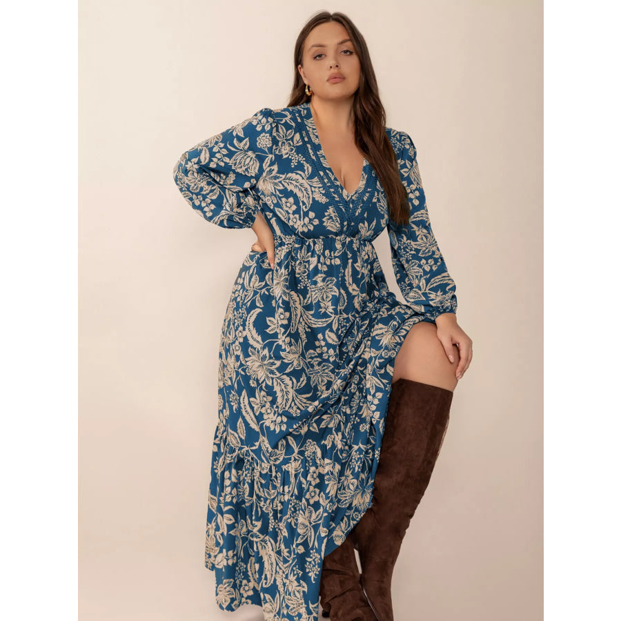 Plus Size Boho Floral Print Long Sleeve Maxi Dress Apparel and Accessories