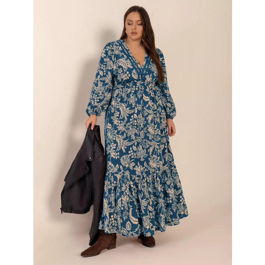 Plus Size Boho Floral Print Long Sleeve Maxi Dress Apparel and Accessories