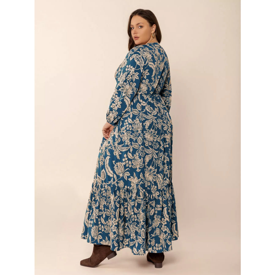 Plus Size Boho Floral Print Long Sleeve Maxi Dress Apparel and Accessories