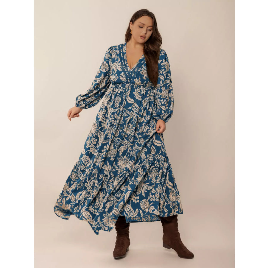 Plus Size Boho Floral Print Long Sleeve Maxi Dress Apparel and Accessories