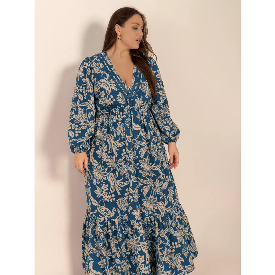Plus Size Boho Floral Print Long Sleeve Maxi Dress Apparel and Accessories