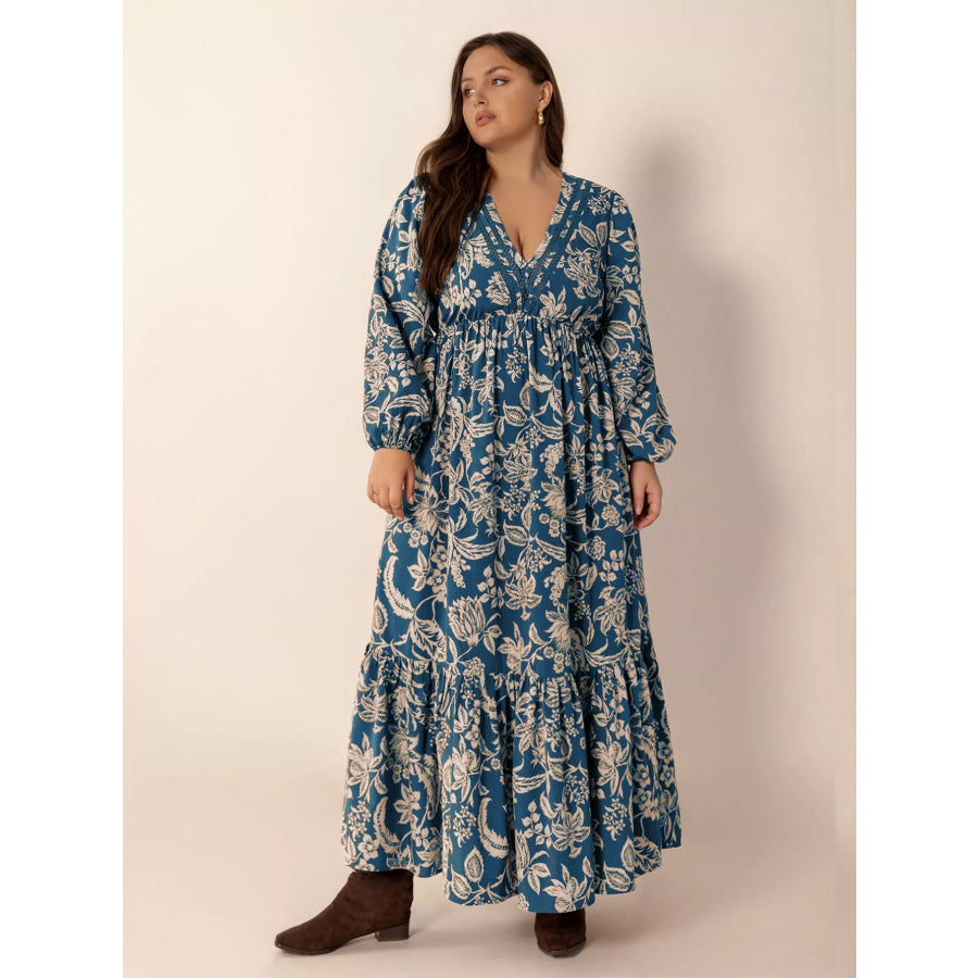 Plus Size Boho Floral Print Long Sleeve Maxi Dress Peacock Blue / 0XL Apparel and Accessories