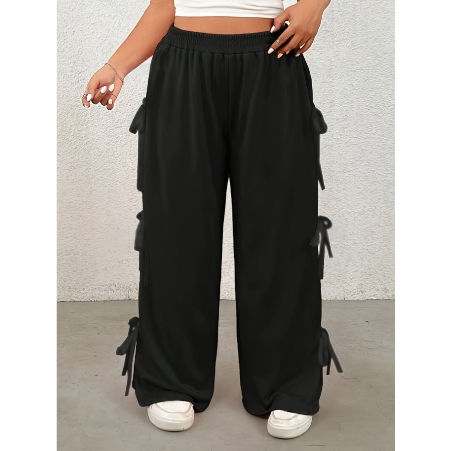 Plus Size Bow Elastic Waist Wide Leg Pants Apparel and Accessories