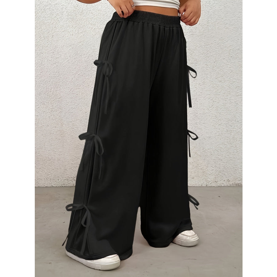 Plus Size Bow Elastic Waist Wide Leg Pants Apparel and Accessories