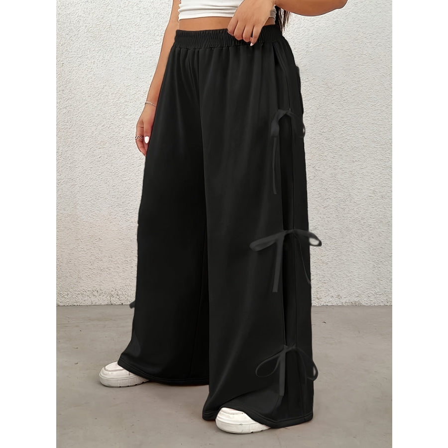 Plus Size Bow Elastic Waist Wide Leg Pants Black / L Apparel and Accessories