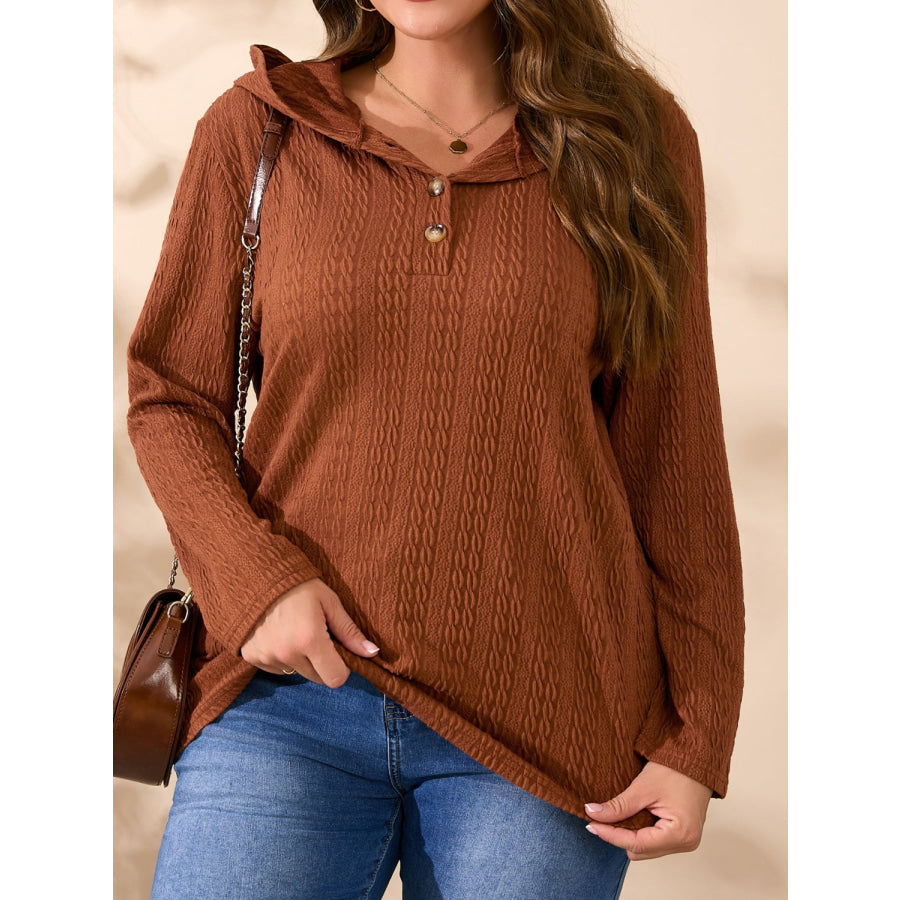 Plus Size Button Detail Long Sleeve Hoodie Terracotta / 0XL Apparel and Accessories