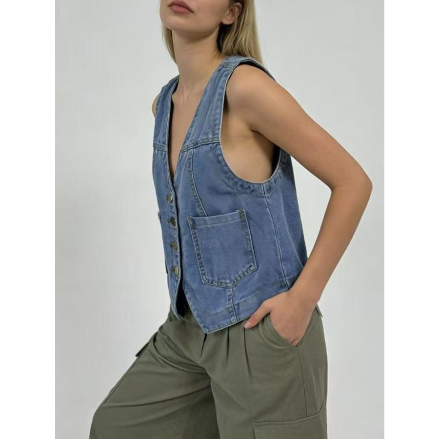 Plus Size Button-Down Denim Vest Apparel and Accessories